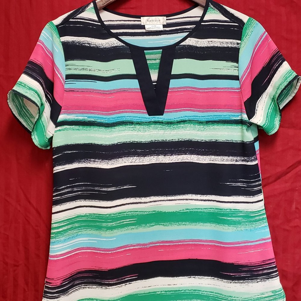 🍁Size XS/TP Van Heusen Multi Colored Keyhole Neck Short Sleeve Blouse.